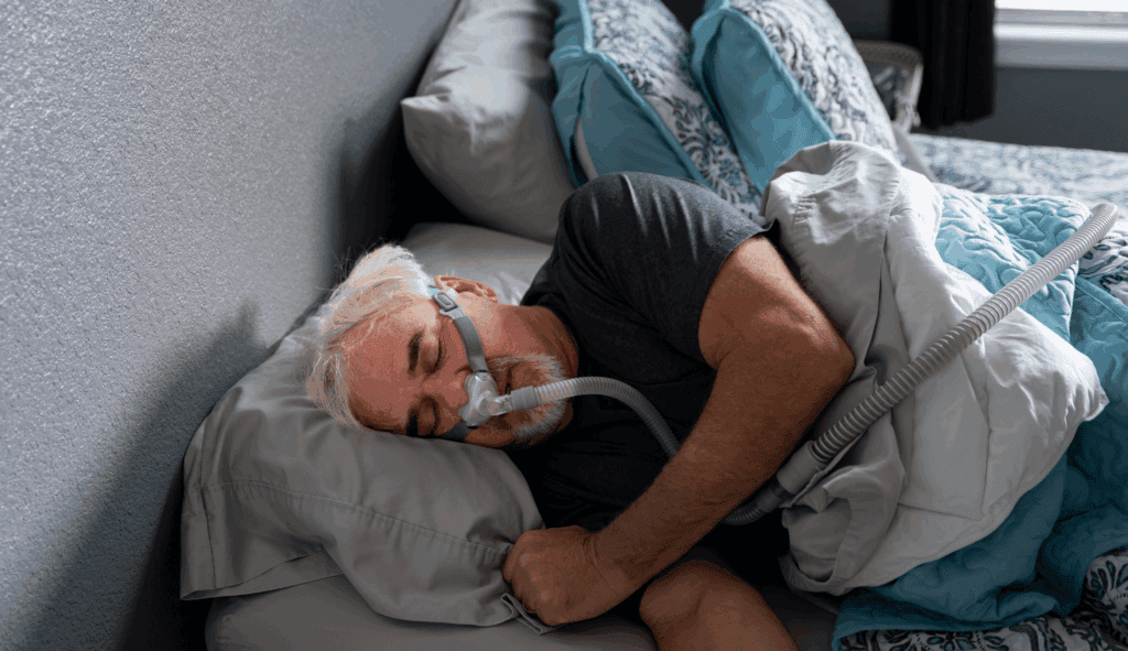 Patient utilisant un traitement par pression positive continue pendant son sommeil